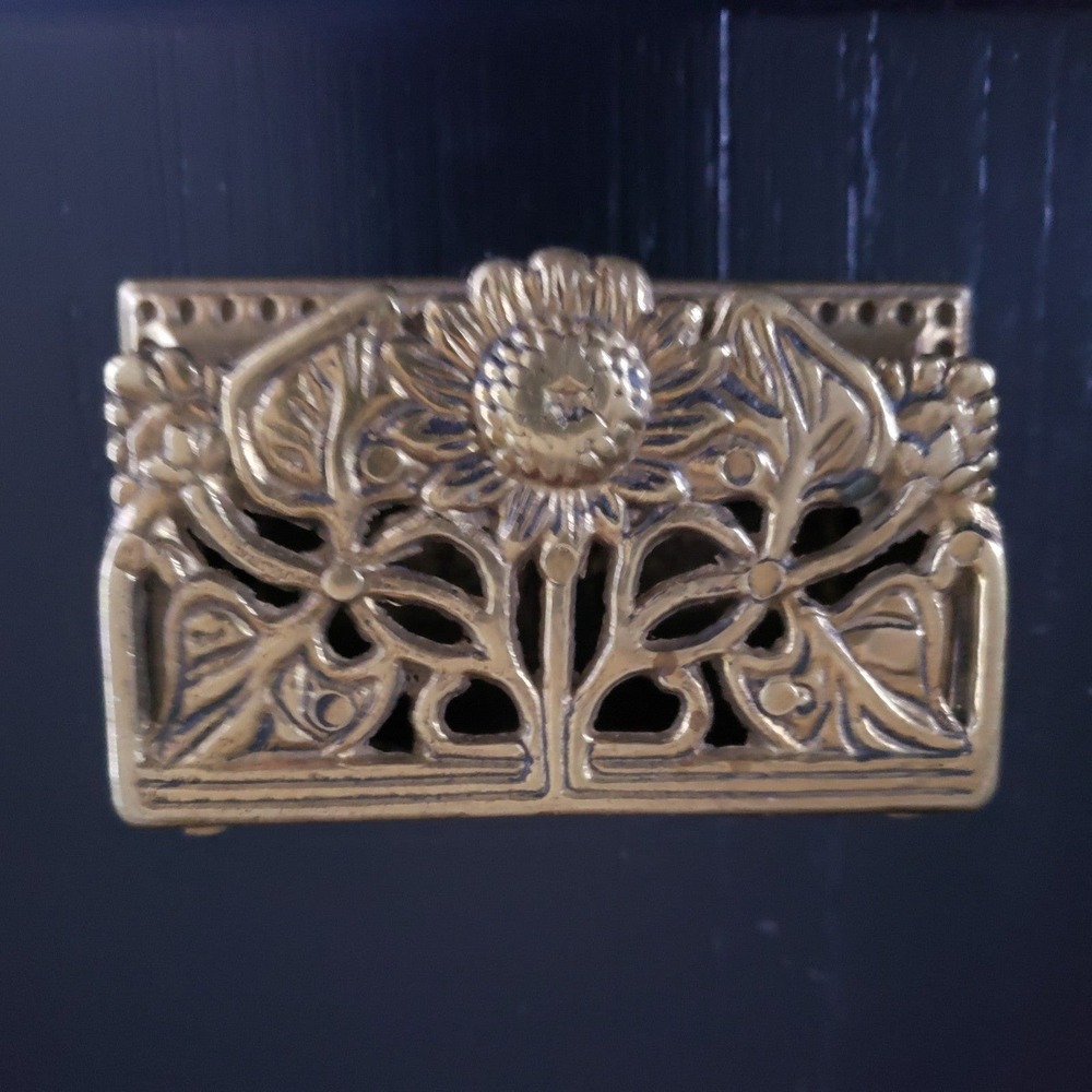 Vintage Papillon Brass Sunflower Filigree Stamp Box Art Nouveau Trinket Case